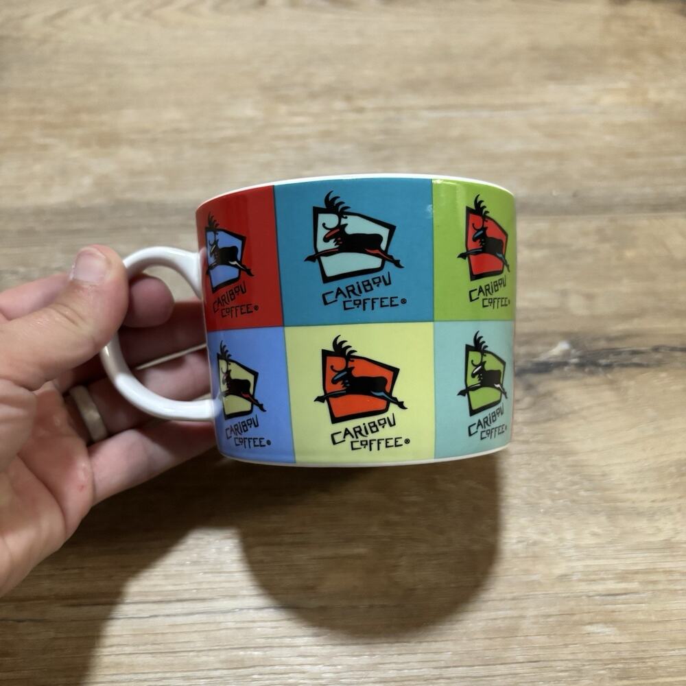 Caribou Coffee Mug: POP ART Tiled Logo Design Bright Colorful Life Is Short 13oz
